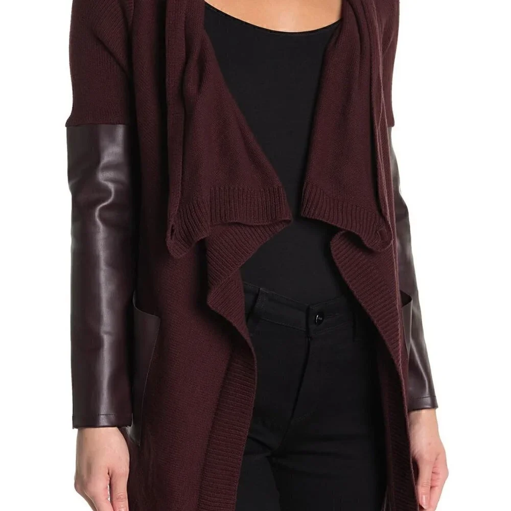BLANKNYC Denim Faux Leather Trim High/Low Cardigan